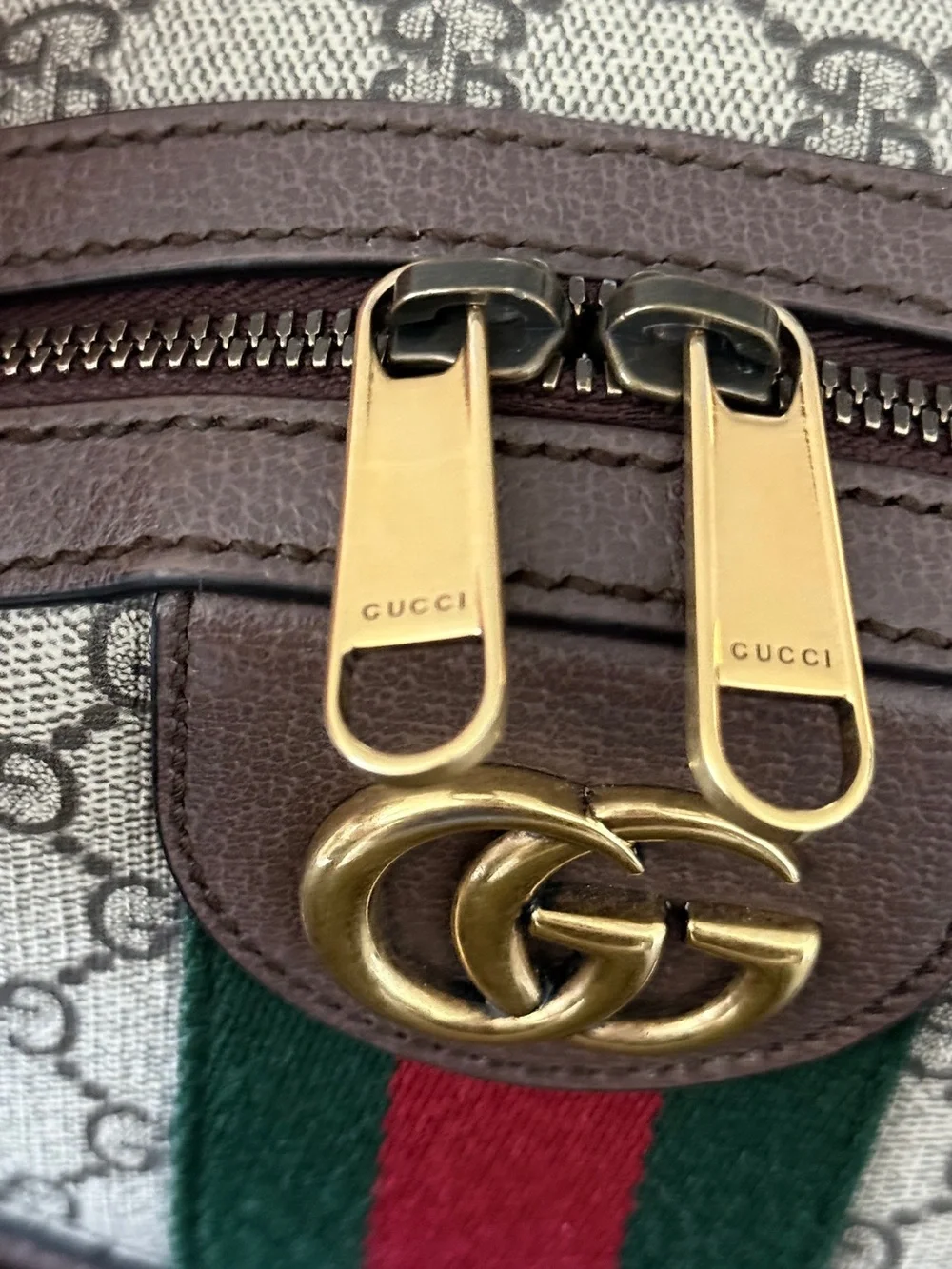 Gucci Beige GG Supreme Canvas Backpack with Green-Red Web Stripe